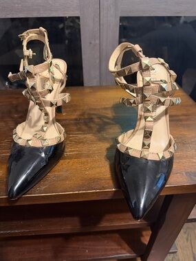 Sole Society Black Patent Pointed Heels with Nude Studded Straps